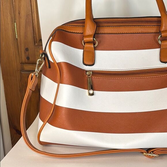 Brown and White Striped Tote with Faux Leather Trim 15” x 7” x 9” - Picture 7 of 9